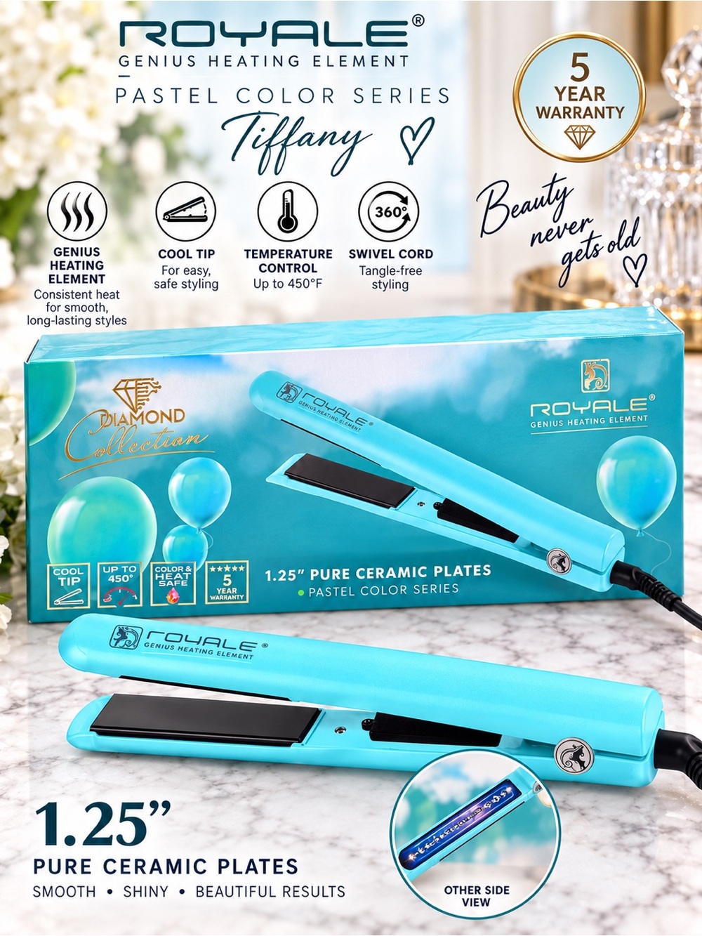 Royale Diamond Collection Tiffany Blue 1.25” Ceramic Flat Iron. Retail $385